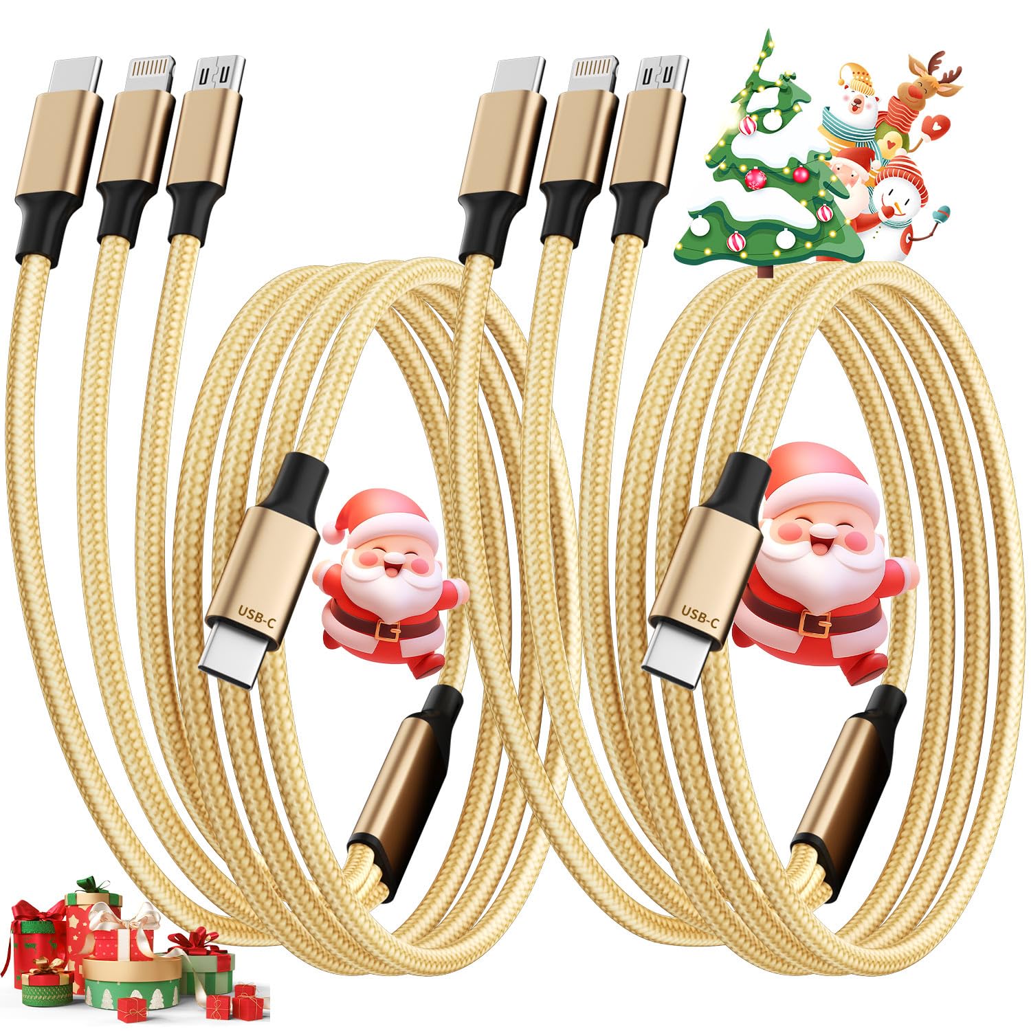 MPATIBY USB C Multi Charging Cable [2Pack 4FT], 3 in 1 Charging Cable Nylon Braided USB-C Multiple Charger Cord with Type-C, Micro USB and IP Port for Cell Phones and More (Golden)