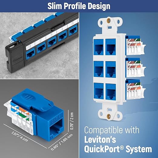 Everest 45° Angled RJ45 Cat6 Keystone Jacks 10-Pack in Blue - Slim Profile Female RJ45 Connectors - Cat 6 Keystone Jack - Compatible with 45° Angled Speed Termination Tool - 45Term (B0BL3GS7ZY)