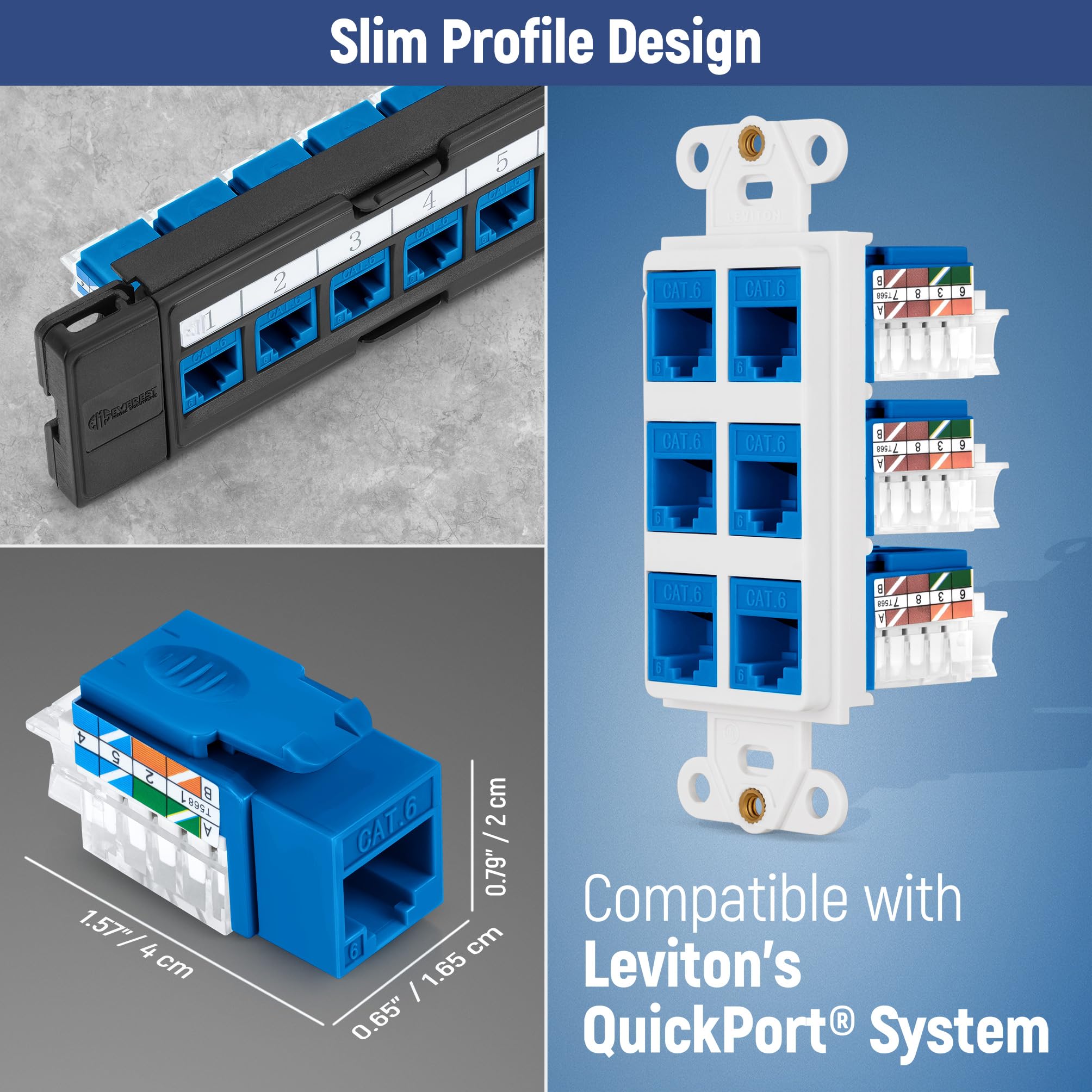 Everest 45 Degree RJ45 Cat6 Keystone Jacks Slim Profile 50-Pack Blue