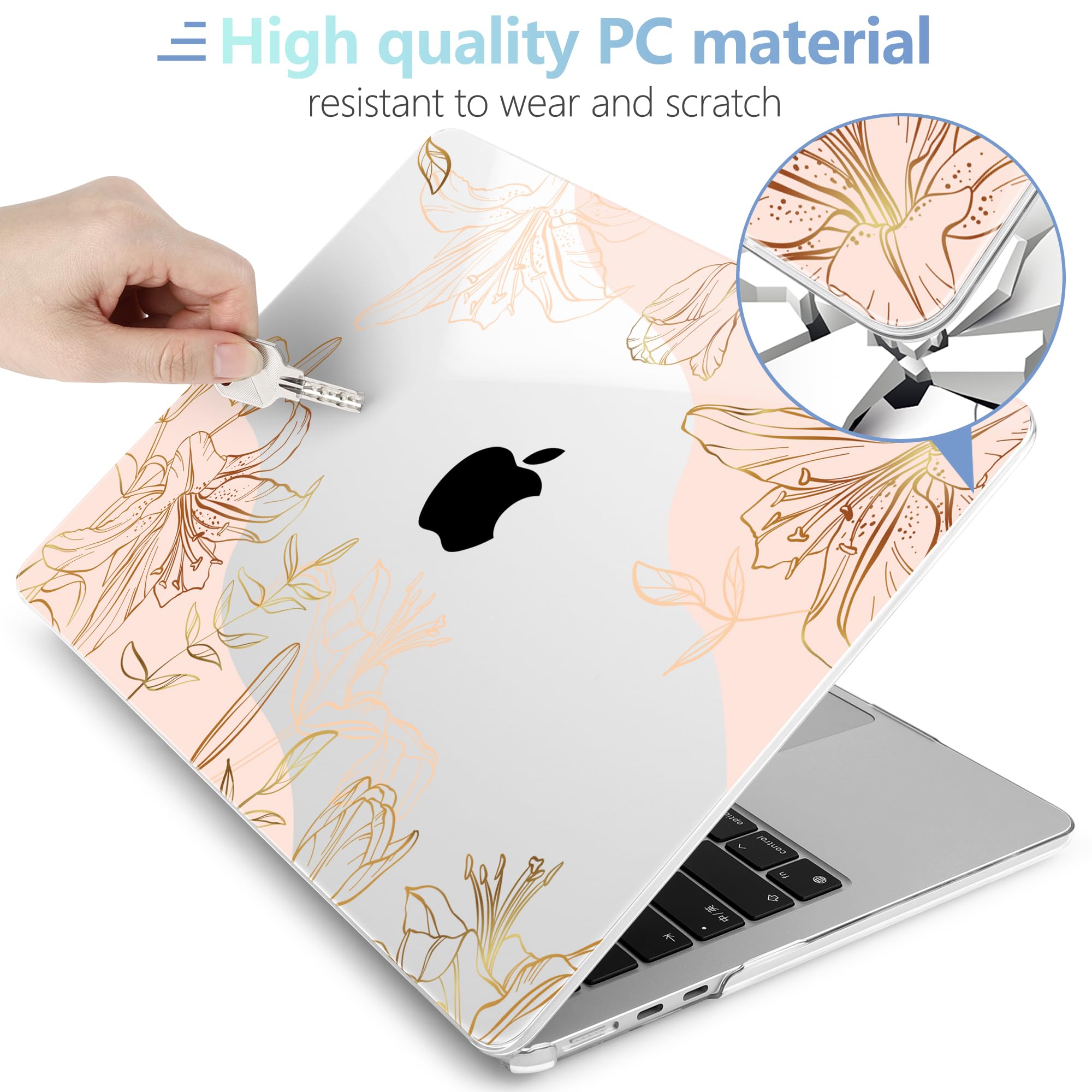 MEEgoodo Case for M5/M4/M3/M2 MacBook Air 13 inch 2026 2025 2024 2022, Fit Model A3449/A3240/A3113/A2681, Case Compatible with MacBook Air 13.6-inch, Gold Flowers Lilies