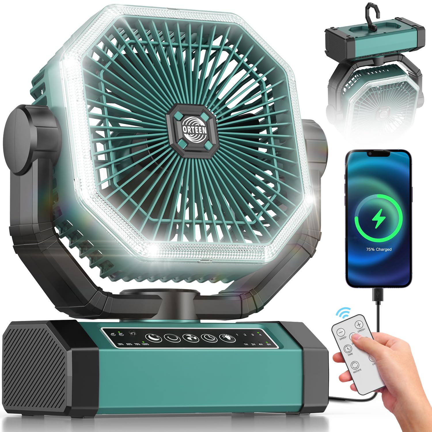 Portable Rechargeable Fan - 9-Inch Camping Fan for Tent, 24000mAh(60Hrs) Battery Operated Fan for Camping, Auto Oscillation Cordless Fans, Tent Fan with Remote/Light, 4 Speeds, 4 Timing, Outdoor