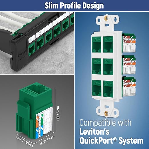 Everest 90° Angled RJ45 Cat6 Keystone Jacks 20-Pack in Green - Slim Profile Female RJ45 Connectors - Cat 6 Keystone Jack - Compatible with 90° Angled Speed Termination Tool - easyJACK (B094WB91H3)