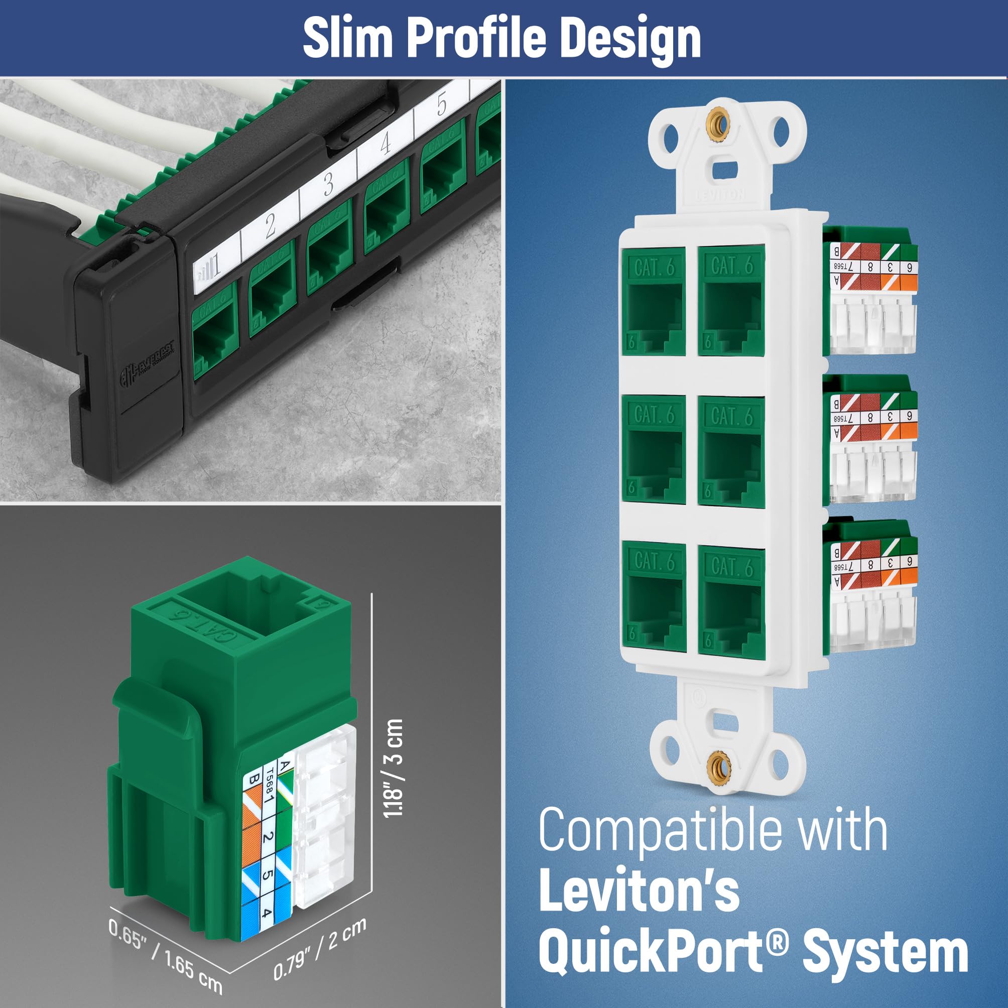 Everest 90 Degree RJ45 Cat6 Keystone Jacks Slim Profile 20-Pack Green