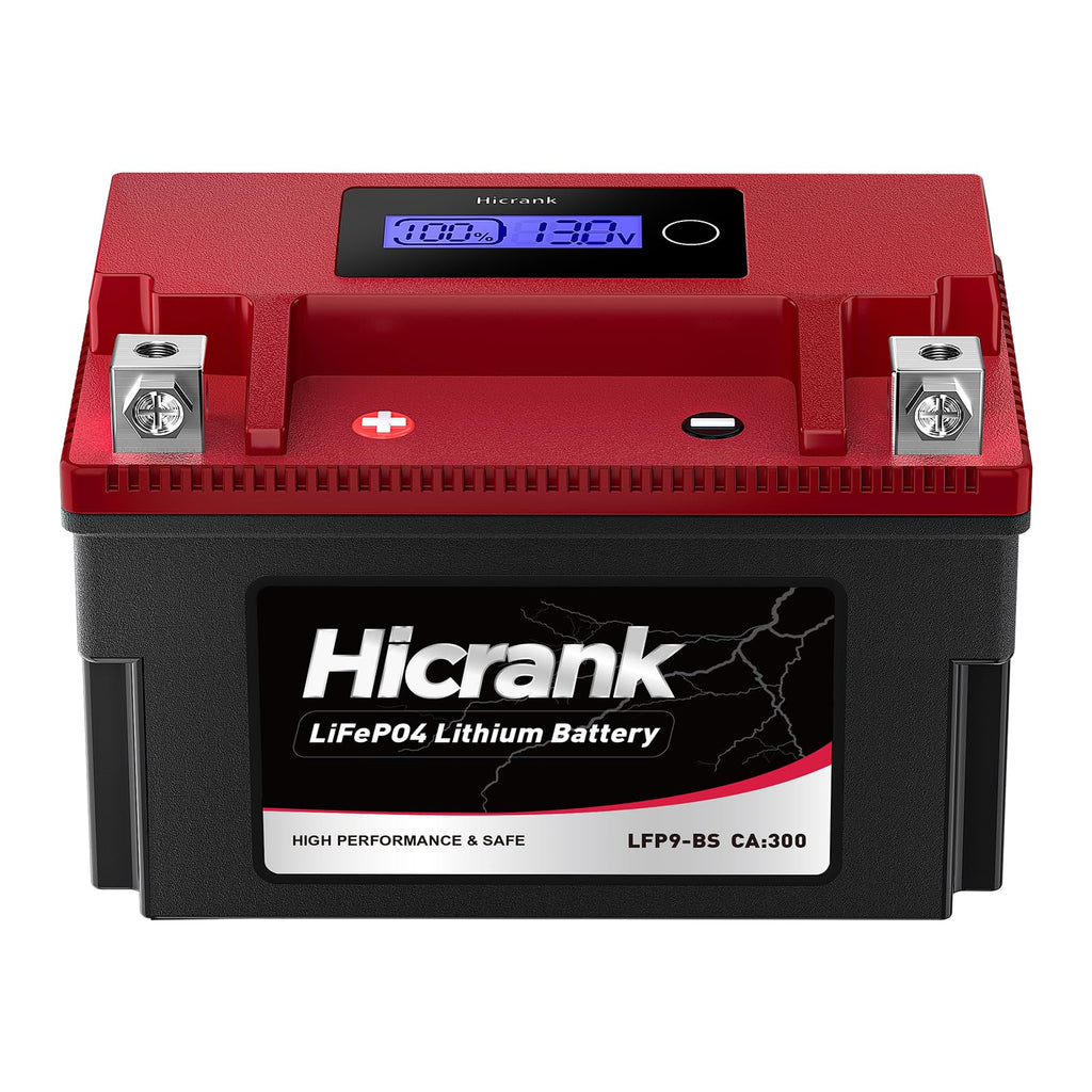 Hicrank LFP9-BS, 300 CCA, 5Ah, Lithium LiFePO4 Motorcycle Battery, 300 CCA, Digital SOC, IP66 for Ninja 400 Z650 Honda CBR600F4i KTM Duke 390 Suzuki GSX-R600 GSXR750 Predator 500 Replaces YTX9-BS
