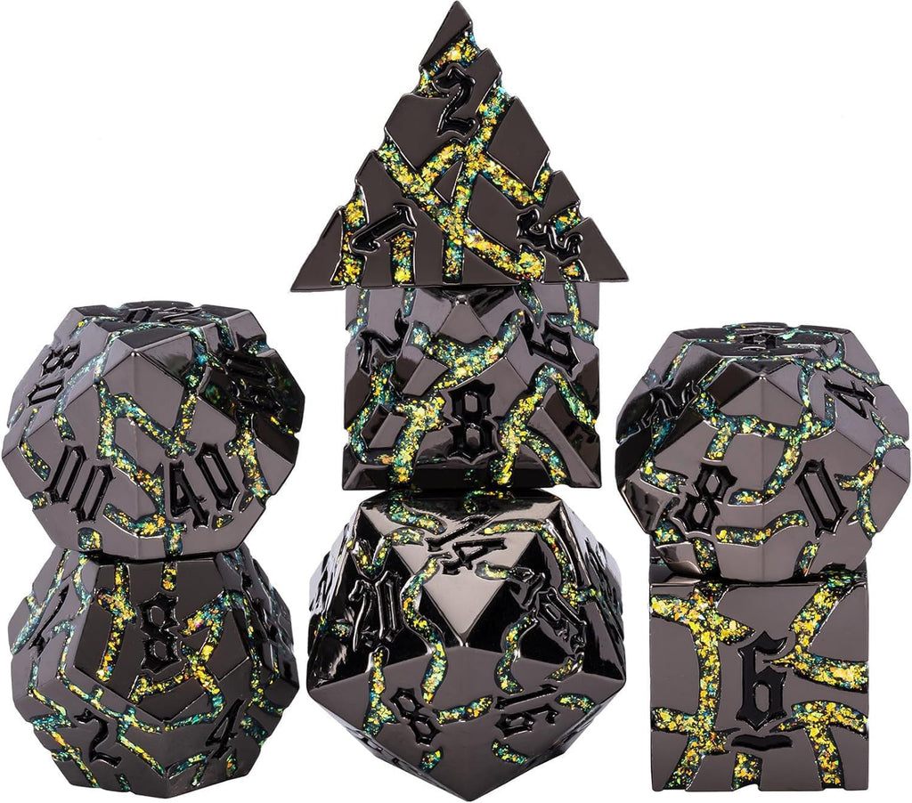 Maywin Cracked Rune Metal Dice Set for DND & RPG – Dark Fantasy Fractured Design, Premium Heavy Metal Polyhedral Dice with Deep Engraved Numbers, 7-Piece Set – Green Mystic Vein