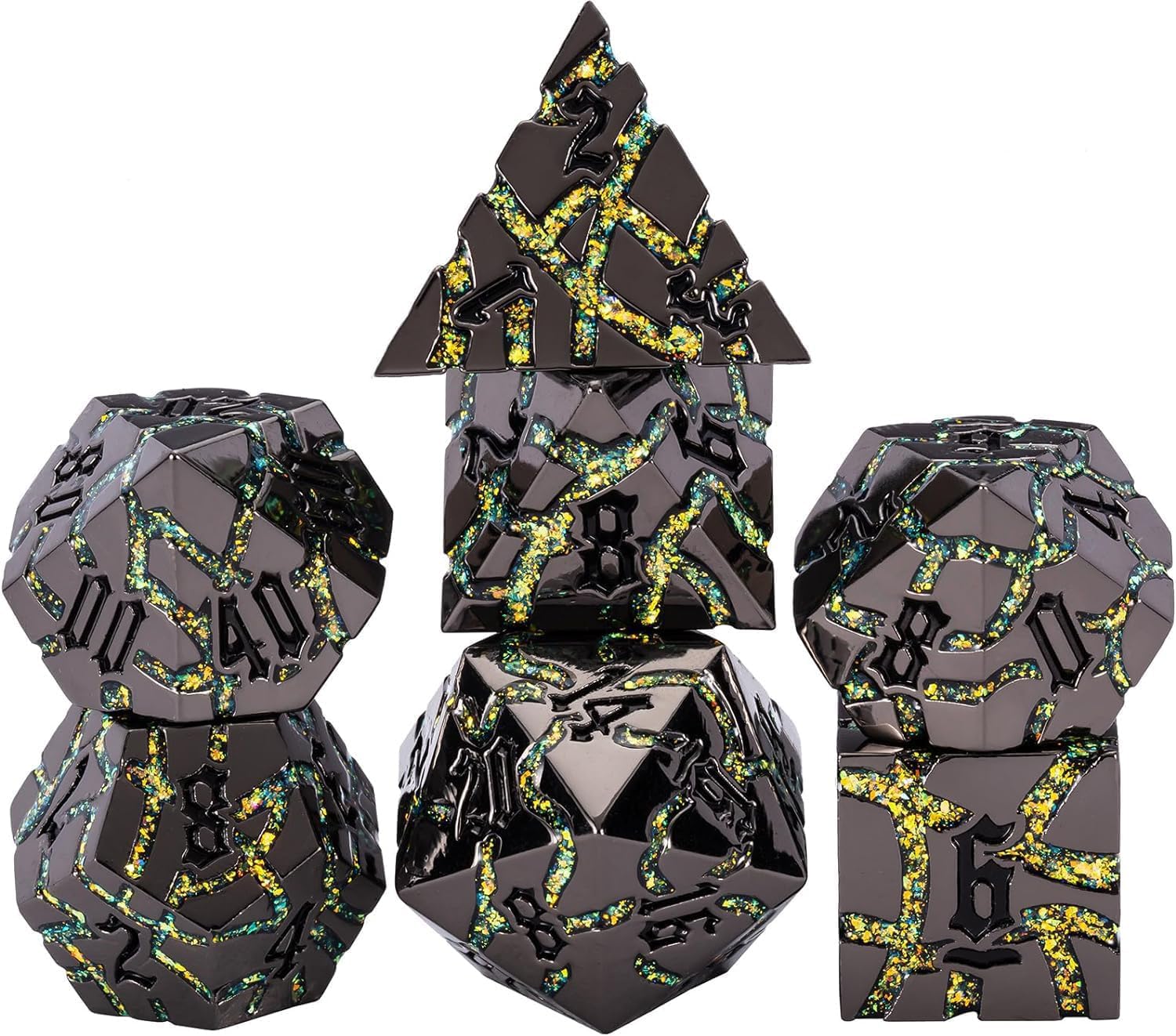 Maywin Cracked Rune Metal Dice Set for DND & RPG – Dark Fantasy Fractured Design, Premium Heavy Metal Polyhedral Dice with Deep Engraved Numbers, 7-Piece Set – Green Mystic Vein