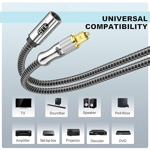 EMK Optical Cable Extension, 24K Gold-Plated Optical Audio Cable Toslink Female to Male Audio Extended Cable Compatible for Sound Bar,Home Theater (6 Feet/2M, Optic Extension, Silver2)