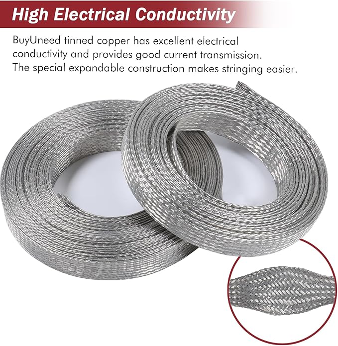Tinned Copper Metal Braid Sleeving Wire Shielding Sleeve Braided Copper Ground Straps EMI/RFI Interference Expandable Flat Mesh Shielding Cable for Protect Wire (1/2inch-22ft)