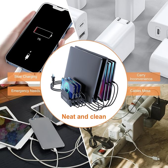 chipofy 500W Charging Station for Multiple Devices, 10-Port Multi USB C Fast Charger Station with Organizer Stand for MacBook Laptop, iPad, iPhone 16 15 Pro Max, Galaxy S25/S24 and More