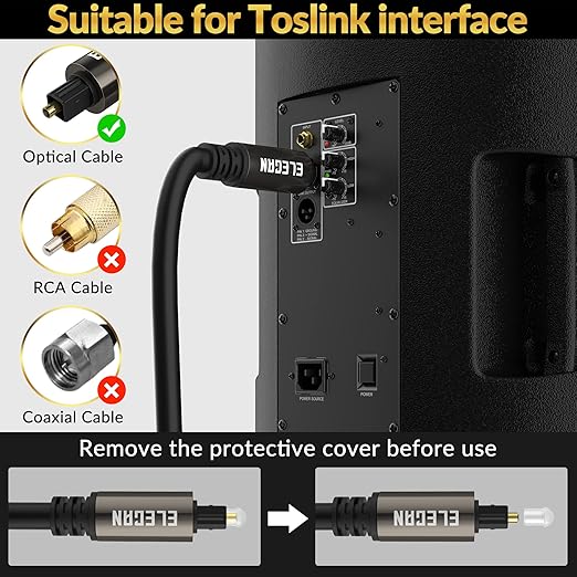 Elecan Optical Audio Cable 30 Ft Digital Audio Toslink Cable Cord-Fiber Optic-Gold Plated-Flexiable&Durable-for Home Theater,Sound Bar,PS4&Xbox-with 4 Right Angled and Mini Toslink Adapters+Ties