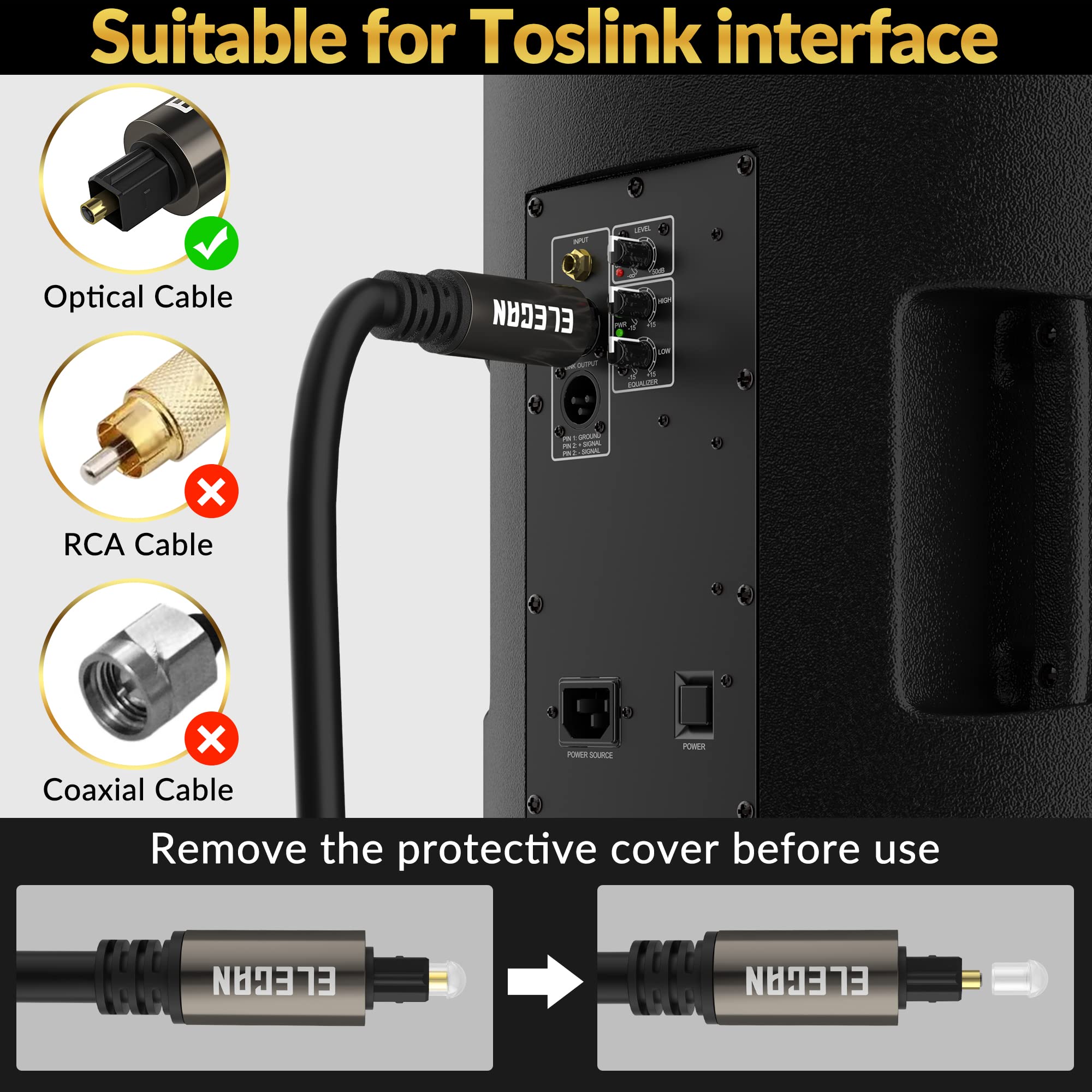 Elecan Optical Audio Cable 50 Ft Digital Audio Toslink Cable Cord-Fiber Optic-Gold Plated-Flexiable&Durable-for Home Theater,Sound Bar,PS4&Xbox-with 4 Right Angled and Mini Toslink Adapters+Ties