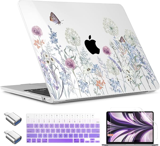 TWOLSKOO Compatible with M4 MacBook Air 13.6 inch Case 2025-2022 Release M4 A3240 M3 A3113 M2 A2681, Plastic Hard Shell & Keyboard Cover & Type C Adapter & Screen Protector, Dandelions