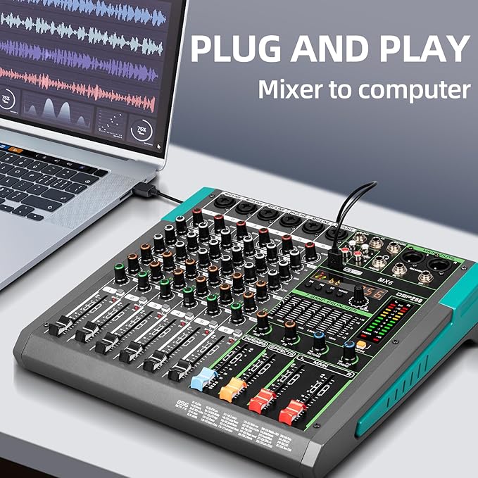 Depusheng MX6 6 Channel Sound Mixer Audio Mixing Console 48V 256DSP Professional USB PC Play Record Podcast Live Broadcast (US MX6)