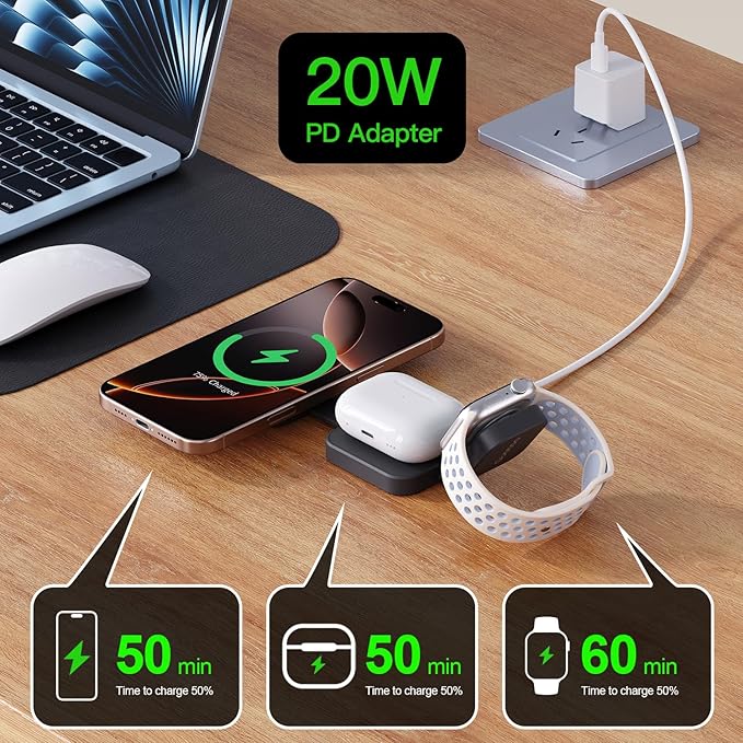 2025 for iPhone 16 Pro Max 3 in 1 Foldable Wireless Charging Station for MagSafe Magnetic Charger, Travel Stand 20W Charge Multiple Devices for iPhone 16/15/14/12/11/X-Apple iWatch Ultra/SE AirPods