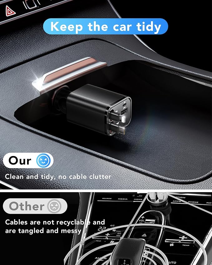 Retractable Car Charger, 4 in 1 Fast Car Charging 60W, Compatible for iPhone 16 Car Travel Essentials Charger, Women Men for Gifts USB C Car Honda Civic Accessories Adapter Compatible for iPhone 16 15