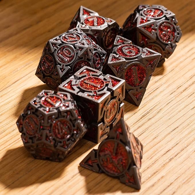 Red Black Nickel Finish Heavy Metal DND Dice Set (Barbarian) with A Metal Box, Sharp Edge Zinc Alloy D&D Accessories, D4-D20, Designed for Dungeons & Dragons Master, RPG Player, Starter