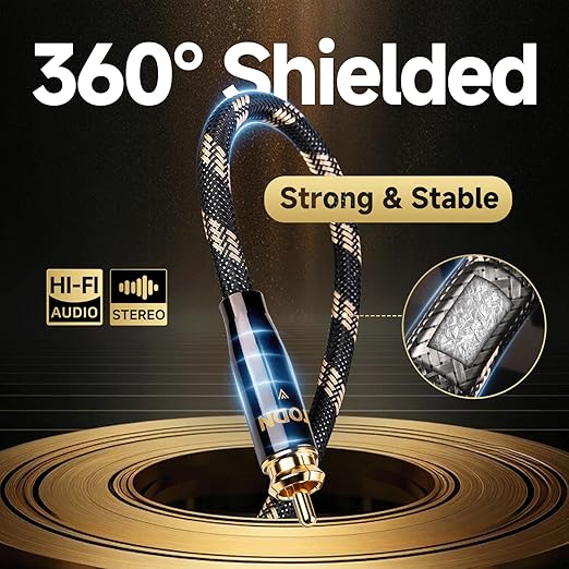 TODN RCA Cables Audiophile 3ft HiFi Stereo RCA Audio Cable for Car, Speaker | O-C-C Core, Dual Shielded, 5μ Gold Plated Plug (3 ft/1m, 1 Pair)