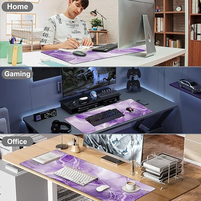 Watercolor Purple Marble Desk Mat,Large Violet Marble Texture Gaming Keyboard Mouse Pad,Non-Slip Rubber Base Desk Pad Thick Stitched Edges Waterproof Mousepad Mouse Mat 31.5"x11.8"