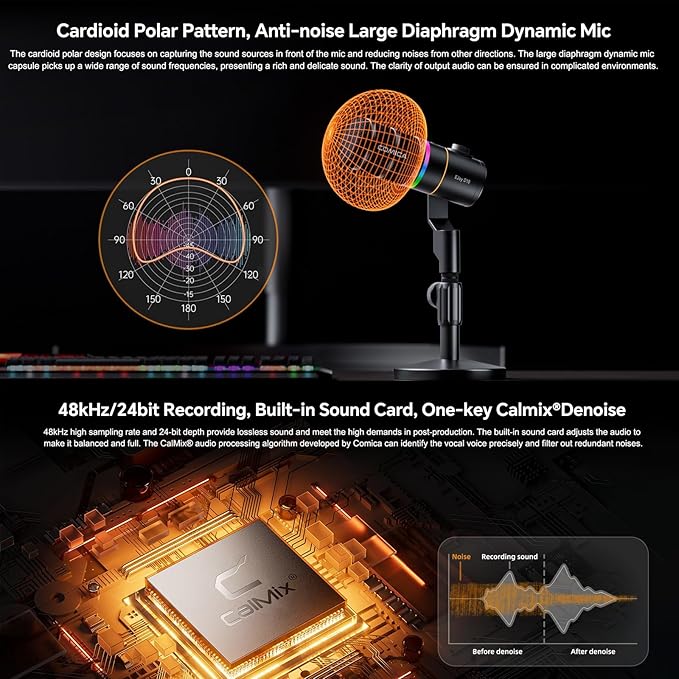 COMICA D10 Pro A Wireless/XLR/USB Dynamic Microphone with Receiver Boom Arm Stand- Dual Channel Cardioid Mic, 45H Battery, RGB Lights, CalMix Denoise for Gaming/Streaming/PD(PC, PS4/5, Mac,Phone)White