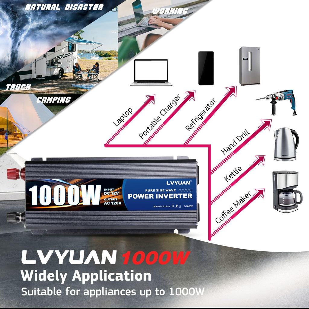 LVYUAN 1000W Pure Sine Wave Inverter 12V to 110-120V, Dual AC, USB, LED