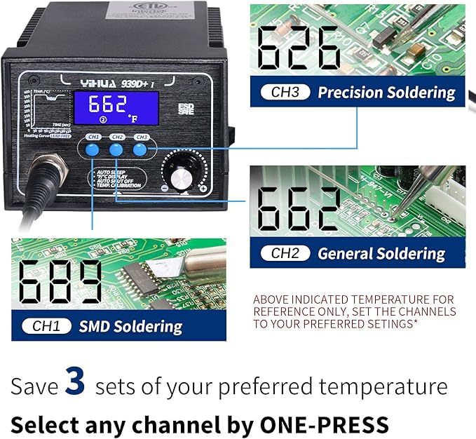 YIHUA 939D+ I Soldering Station, Upgraded, 75 Watt Equivalent with 3 Memories, °C/°F LCD display, Sleep Function, Automatic Shutdown & Brushed Aluminum Panel(Iron-burn Resistant)