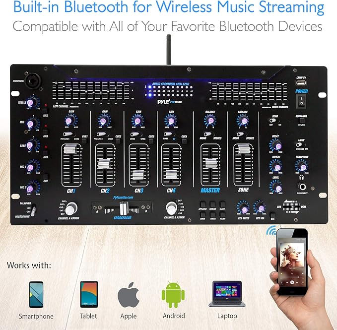 Pyle 6 Channel Mixer, Bluetooth DJ Controller, Stereo Mixer, Professional Sound System, LED Illumination, Mixer Digital Audio, Digital Mixing System, Speed Control, 5U Rack Mount System (PYD1964B)