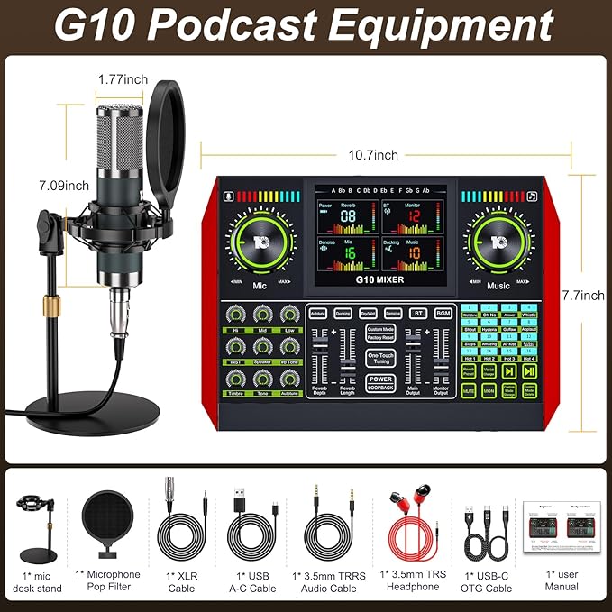 Podcast Microphone Bundle with Live Sound Board Audio Mixer, Podcast Equipment Bundle with 3.5mm Condenser Microphone(P15) for Pc/Phone Live Streaming Singing Gaming, Voice Changer, Denoise
