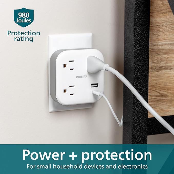 Philips EZFit 3-Outlet Surge Outlet Extender with USB, 1 USB-A, 1 Type-C, Adapter Spaced, Charging Station, 12W, 980 Joules, 2 Pack, White - SPP3605W/37