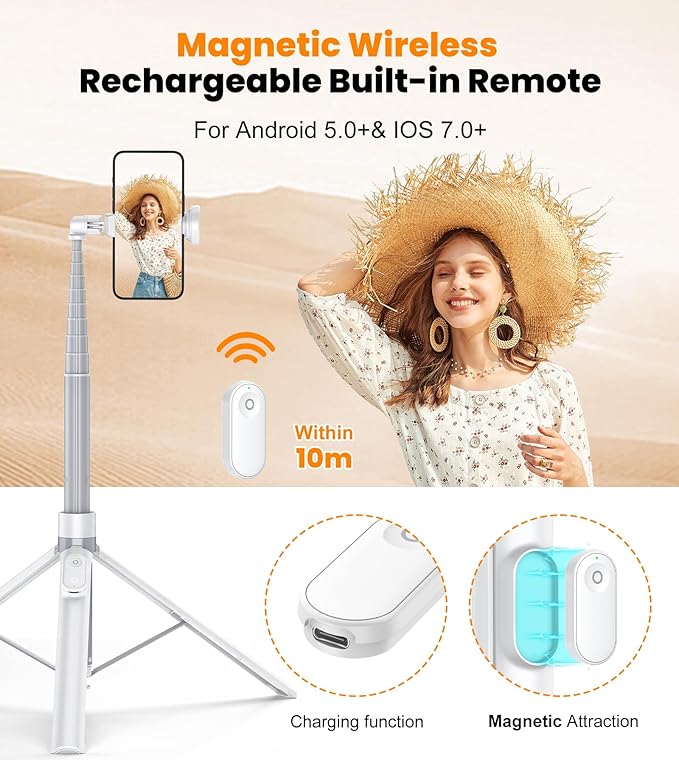 TONEOF 70" Automatic Tripod,Auto-Open Phone Stand with Magnetic Rechargable Remote,Selfie Stick 360° Vertical & Horizontal Rotatable,Stable Travel Tripod for iPhone/Android(White)