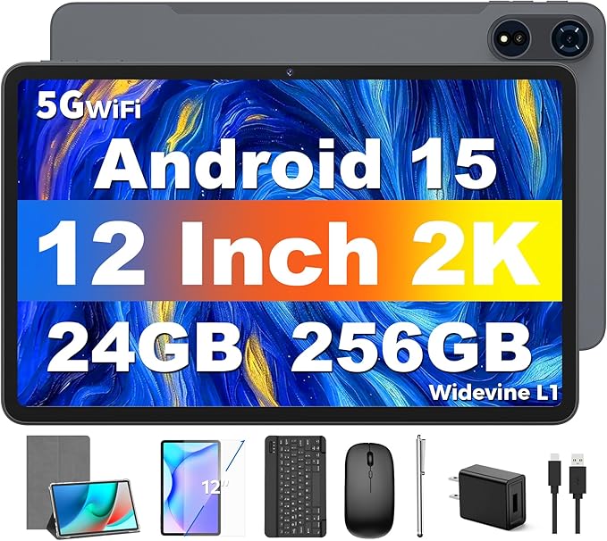 Tablet 12 inch Android 15 Tablets, 24GB（8+16）RAM+256 Storage(Expand to 1TB), Android Tablet with Keyboard, Octa-Core, 2K 2000x1200 Display, 16MP Dual Camera, 8000mAh, 5G WiFi,GPS,Bluetooth 5.0（Silver）