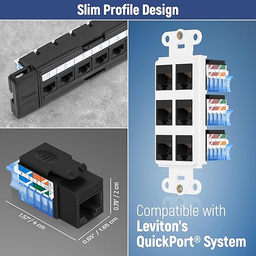 Everest 45° Angled RJ45 Cat5e Keystone Jacks 10-Pack in Black - Slim Profile Female RJ45 Connectors - Cat 5e Keystone Jack - Compatible with 45° Angled Speed Termination Tool - 45Term (B0BL3GS7ZY)