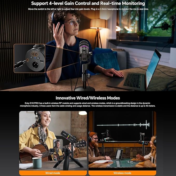 COMICA D10 Pro A Wireless/XLR/USB Dynamic Microphone with Receiver Boom Arm Stand- Dual Channel Cardioid Mic, 45H Battery, RGB Lights, CalMix Denoise for Gaming/Streaming/PD(PC, PS4/5, Mac,Phone)White