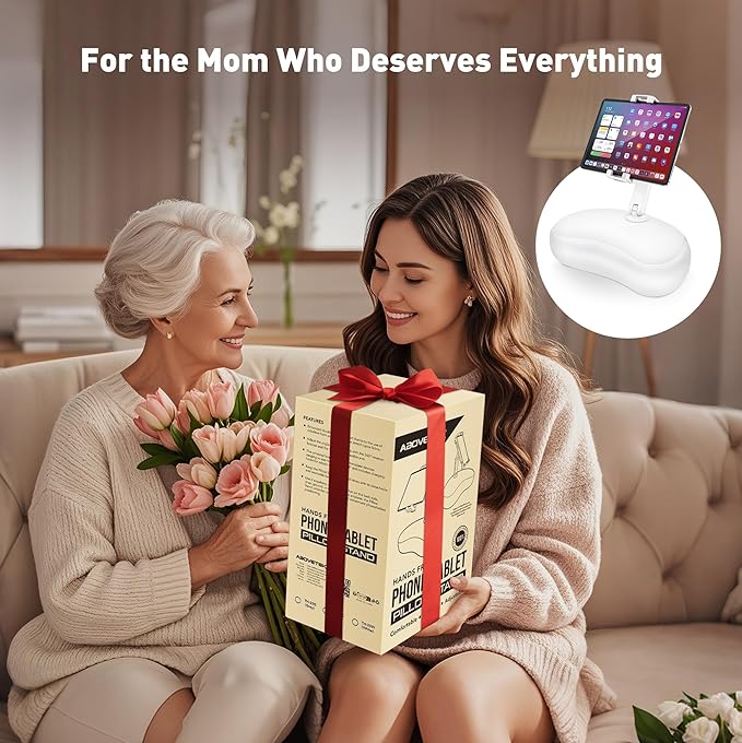 AboveTEK Tablet Pillow Stand for Bed, Hands-Free 360° Adjustable iPad Pillow Holder for Lap Reading w/Soft Bean Bag, Ideal Gift for Mom, Fits 4.7" to 12.9" Tablet, Phone, Kindle, White