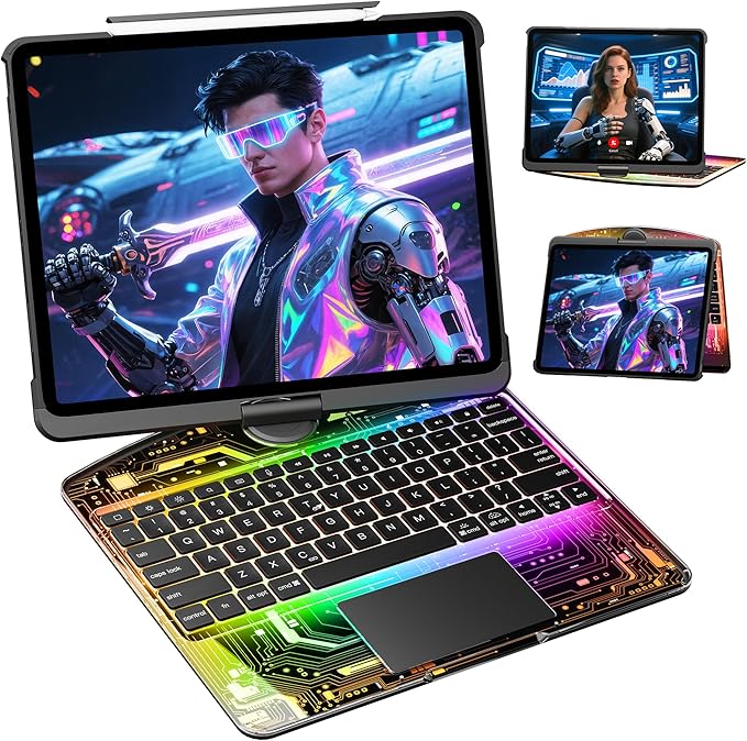 KITONE for iPad Air 11 Inch (M3/M2,2025/2024) Transperant Case with Wireless Keyboard, 7 Color Backlight, Trackpad, 360°Rotating Stand for 10.9" iPad Air 5th/4th, 11" iPad Pro 4/3/2/1 Case, Cyberpunk