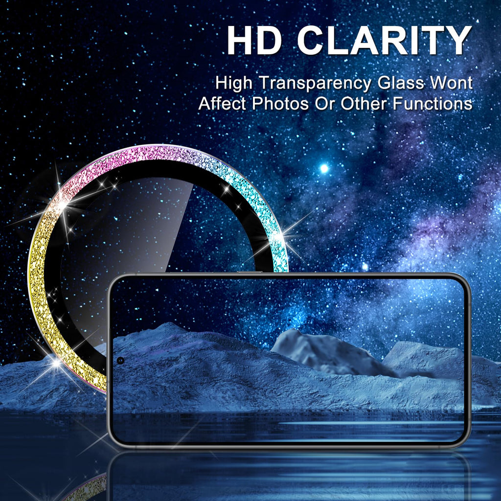 Avocase for Samsung Galaxy S25 Plus Camera Lens Protector, Individual Metal Ring Tempered Glass Lens Cover, [Strong Adsorption] Scratch Resistant Ultra-Thin HD Clear Lens Cover, 1 Set-Colorful Sparkly