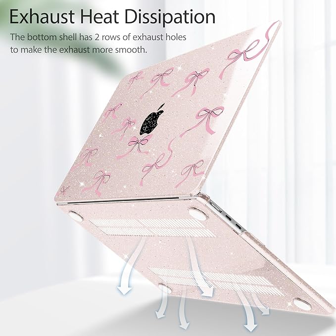 May Chen for MacBook Air 13.6 inch Case A3240 M4 A3113 M3 A2681 M2 with Retina Dispaly, 2025 2024 2023 2022 Release, Plastic Hard Shell Case with Keyboard Cover, Sakura Pink Glitter Bow