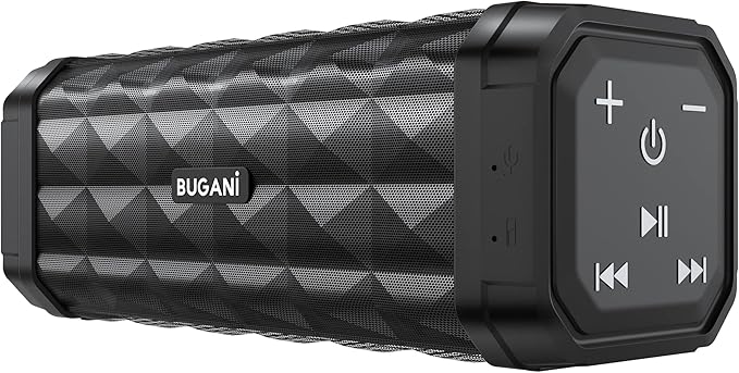 BUGANI Bluetooth Speakers Portable Bluetooth Speaker, 100ft Wireless Range, Louder Volume, Stereo Sound, Amazing Bass 24H Playtime, IPX5, Built-in Mic, Wireless Speaker for Ourdoor Indoor(Black)