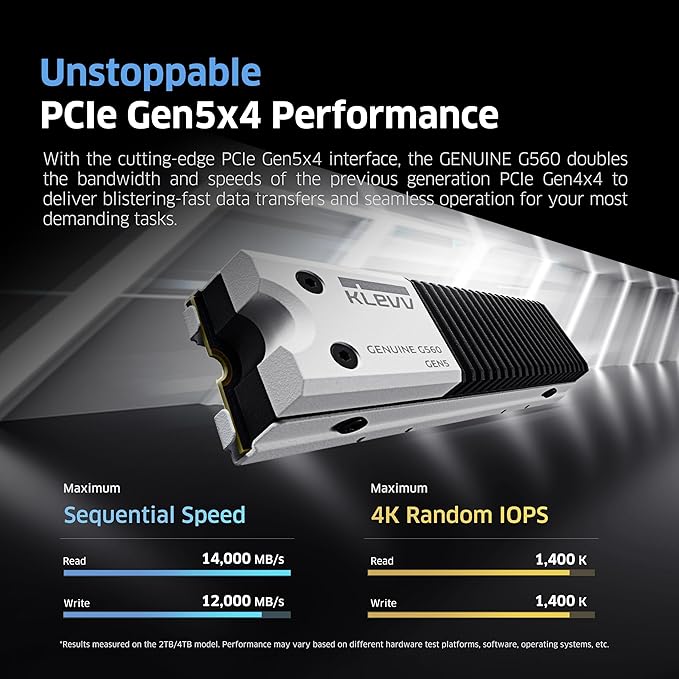 KLEVV Genuine G560 1TB M.2 2280 NVMe PCIe Gen5x4 Internal SSD Heatsink Included, up to 13000MB/s with DRAM Cash (K01TBM2SP0-G56)
