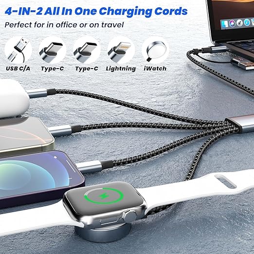 Travel Essentials 4 in 2 Dual Type C Multi Charging Cable for Apple Watch Charger,USB A/USB C Multiple Charger Cable/Cord for All Devices Compatible with iWatch Ultra/SE/10-1,iPhone 16-11 and More-5FT
