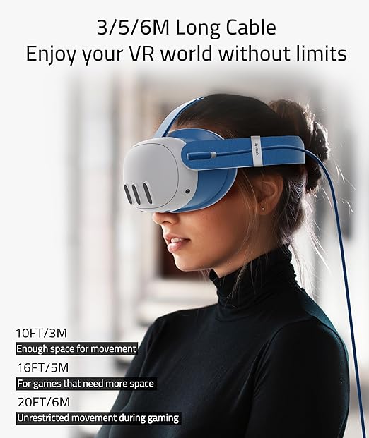 Syntech Link Cable 16 FT Compatible with Meta Quest 3S/Oculus Quest 3, Quest2/Pro/Pico4 Accessories and PC/SteamVR, High Speed PC Data Transfer, USB 3.0 to USB C Cable for VR Headset, Elemental Blue
