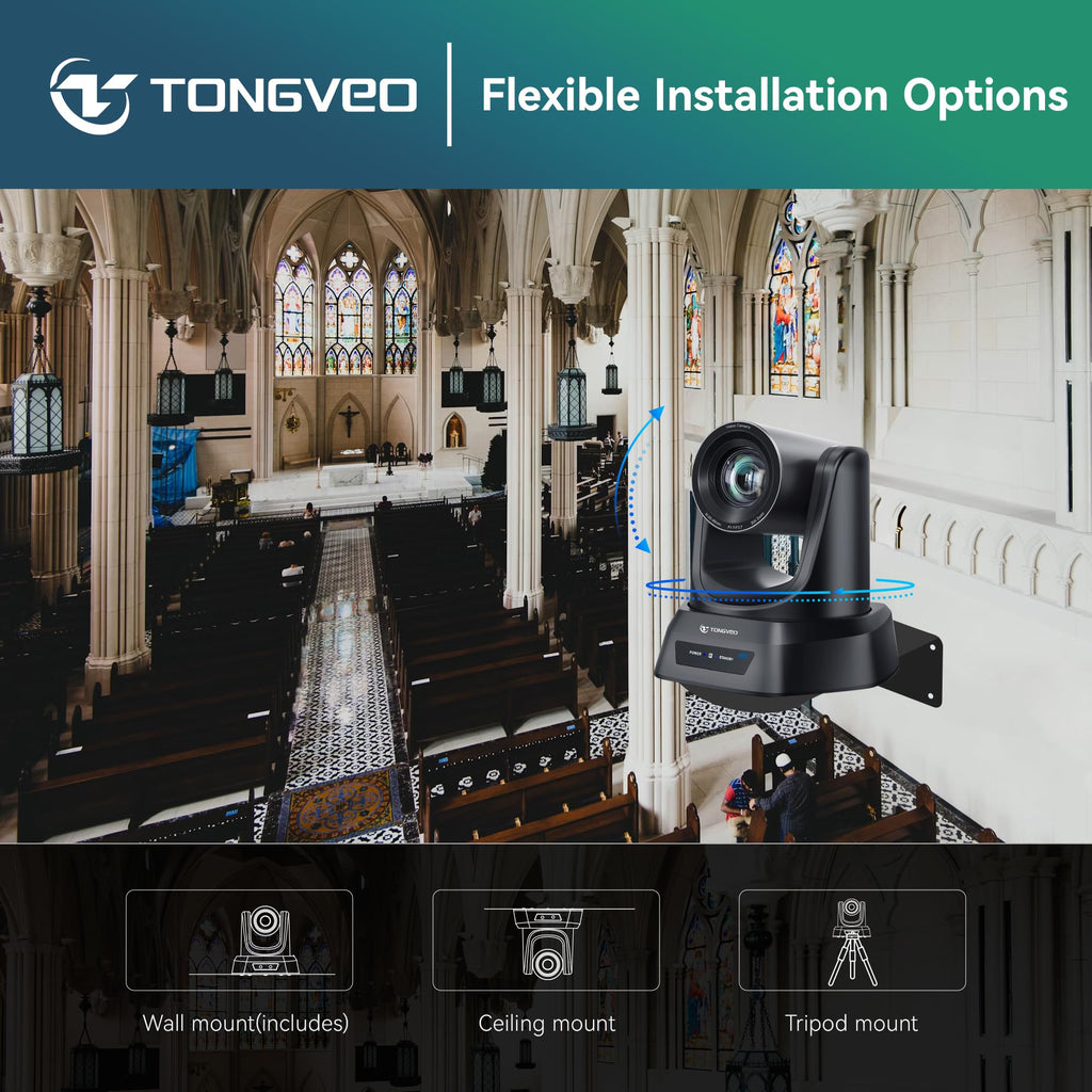 TONGVEO Conference Room PTZ Camera System with 20X Optical Zoom, AI Auto Tracking 1080P 60fps HDMI USB Webcam for Church Streaming Online Video Conference,Compatible with Zoom, OBS Easy Setup