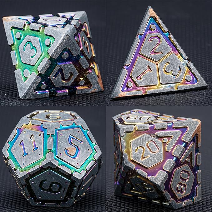 DND Metal Dice Set, Polyhedral Dice Set for RPG D&D Dice with Cracks Dungeons and Dragons Dice Set for RPG TTRPG D&D Die with Gift Case（Silver and Coloured Ink-1）