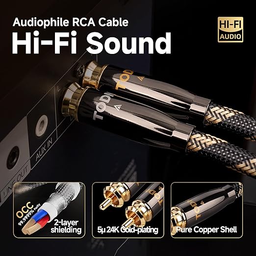 TODN Audiophile RCA Cables HiFi RCA Audio Cable with O-C-C Core, Dual Shielded for Home Stereo System (1.64ft/0.5m, 1 Pair)