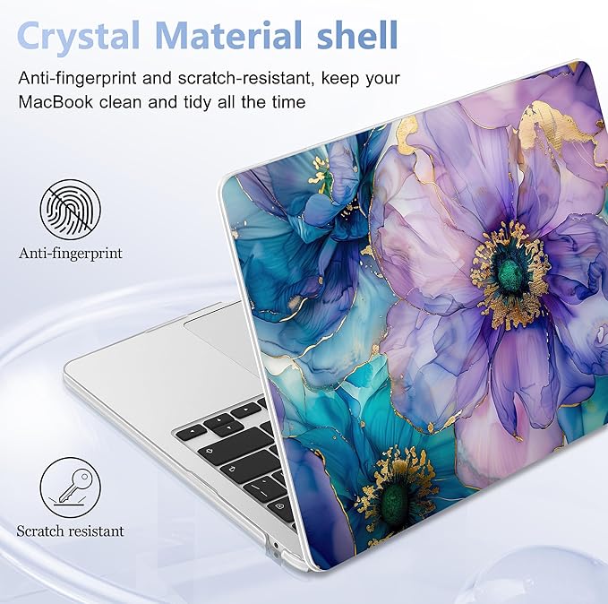 Case for MacBook Air 15 Inch 2025 2024 2023 Release M4 A3241 M3 A3114 M2 A2941, Hard Shell with Screen Protector & Keyboard Cover, Compatible with Touch ID, Fluid Art Flowers