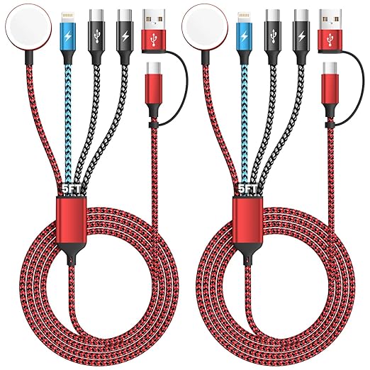 Travel Essentials 4in2 Multi Charging Cable for Apple Watch Charger,USB A/C to Dual Type C/IP/iWatch Charger,Travel Chargers for Multiple Devices Compatible with iWatch Series&iPhone 16-12（2PACK,5FT）