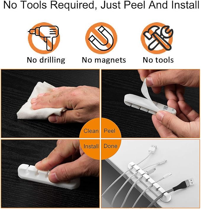 Cord Organizer Cable Holder Management – 5 Pack White Cable Clips Cord Holder for Nightstand, Desk, Car | Adhesive Cable Organizer Wire Holders for Cords, Charger, Office, Desk