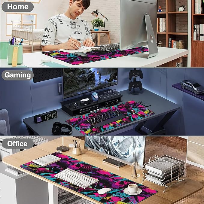 Abstract Grunge Elements Desk Mat,Large Neon Color Patterns Gaming Keyboard Mouse Pad,Non-Slip Rubber Base Desk Pad Thick Stitched Edges Waterproof Mousepad Mouse Mat 31.5"x11.8"