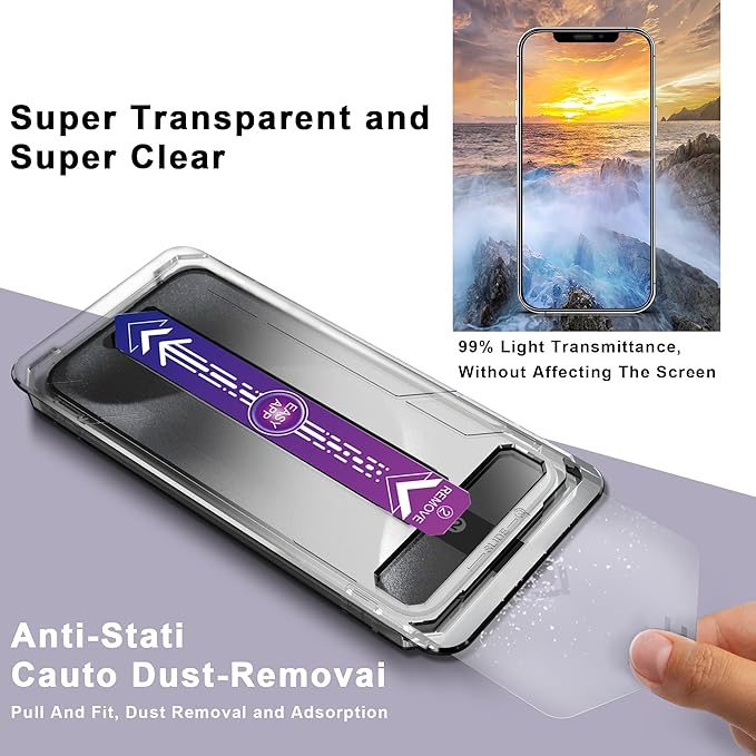 2 Pack Screen Protector for iPhone X/iPhone XS/iPhone 11 Pro, 9H Tempered Glass, Full Coverage, Anti-Fingerprint, Auto Dust-Elimination, No Bubble, Easy Installation