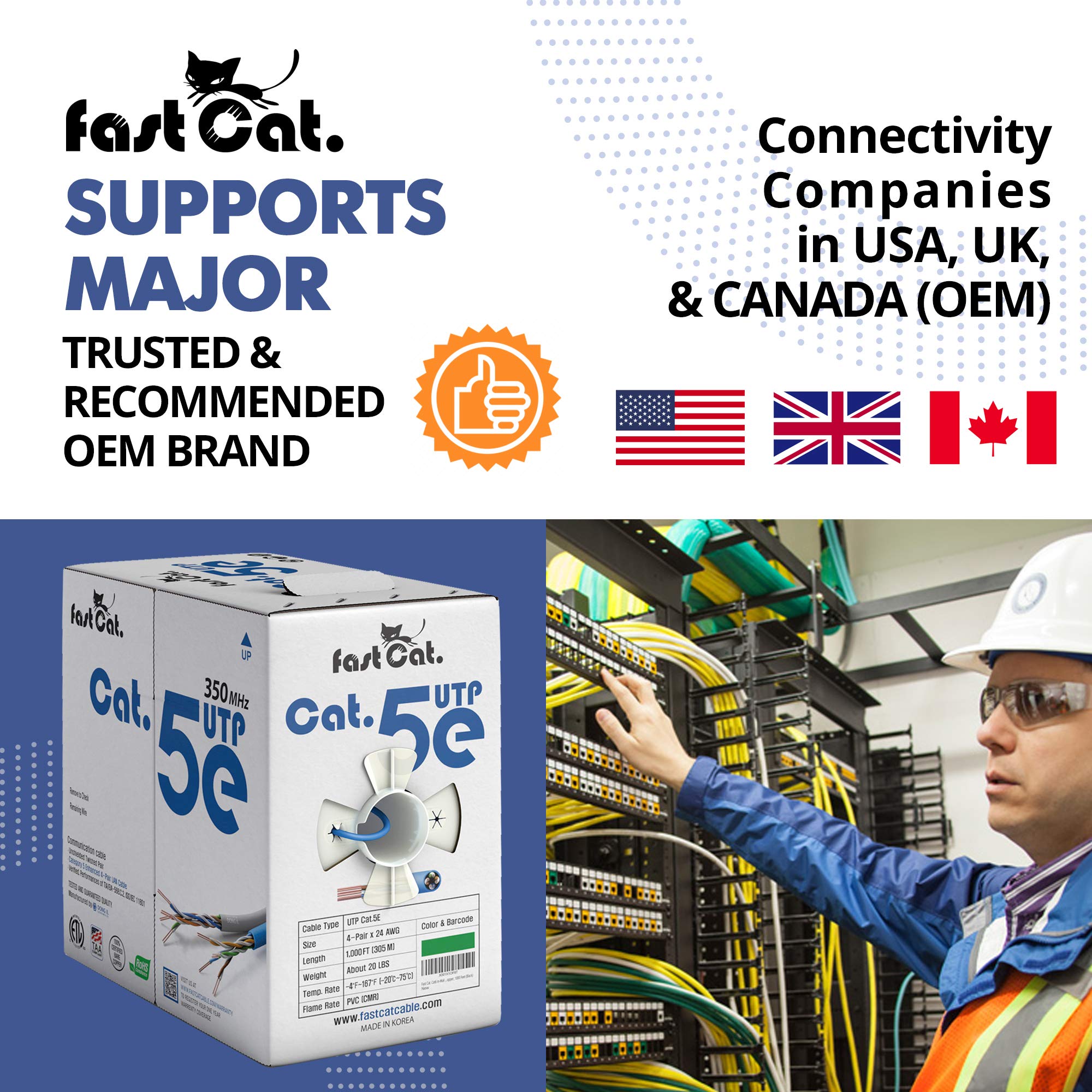 fast Cat. Cat5e Ethernet Cable 1000ft - ETL Listed 24 AWG, CMR, Insulated Bare Copper Wire Cat 5 ethernet Cable with FastReel - 350MHZ / Gigabit Speed UTP Cable Cat5e - CMR (Blue)
