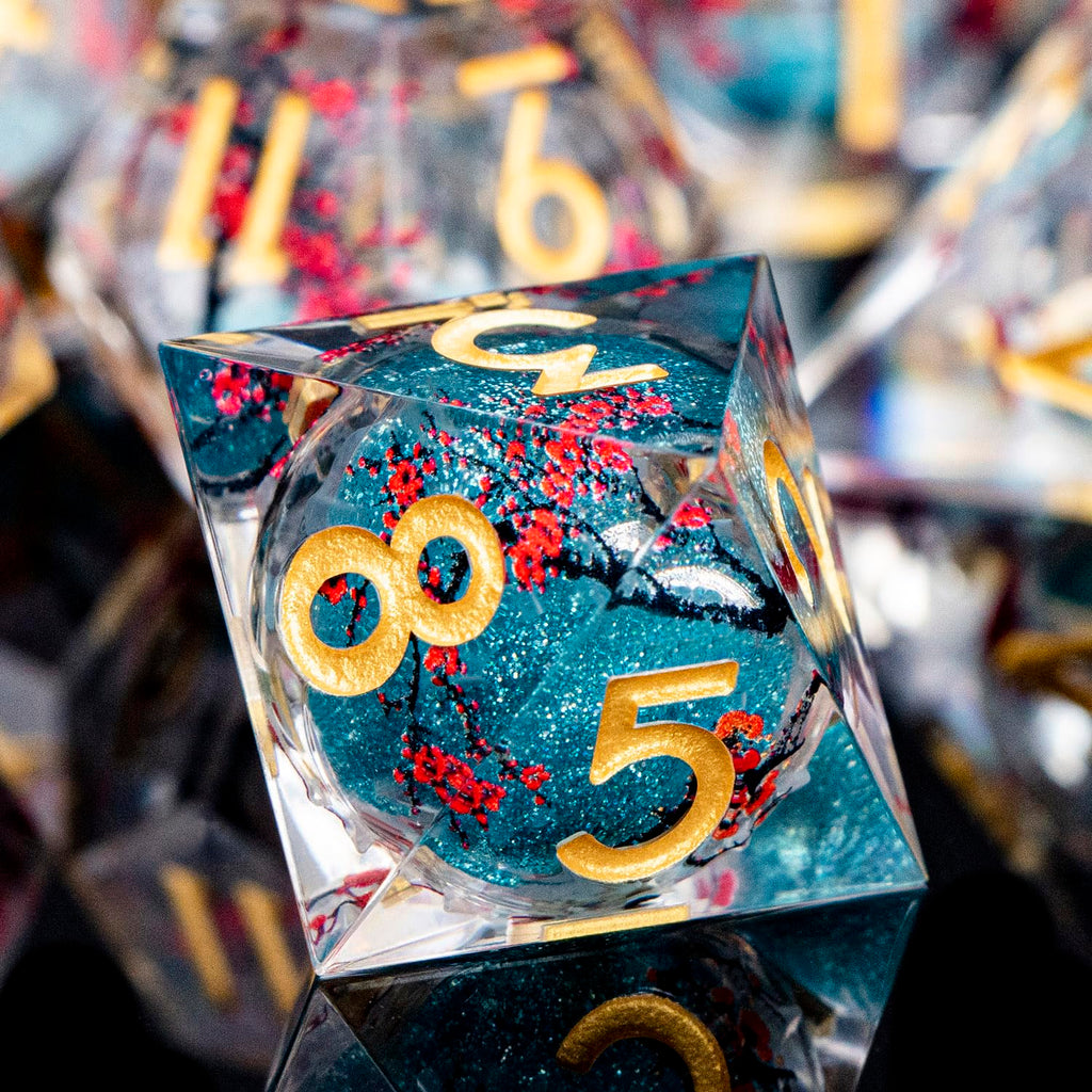 ORIFANTOU Plum Blossom DND Dice Blue Liquid Core Dice Set with Metal Box, Handmade Sharp Edge Dice D and D Polyhedral Dice for use with D&D RPG Role Playing Game